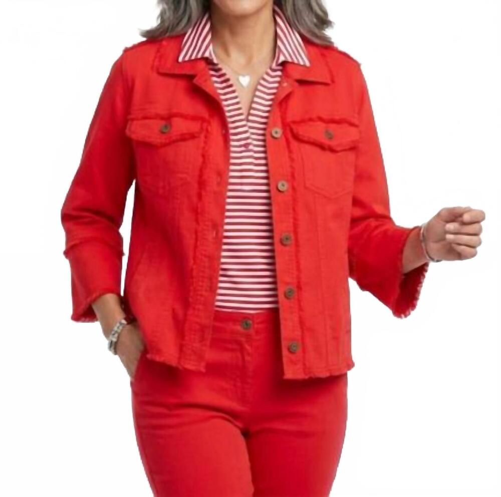 NEW MULTIPLES fringe trim jacket in fiery red